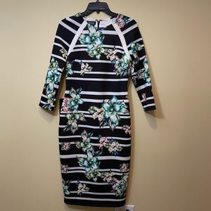 Black with white stripes and floral print dress